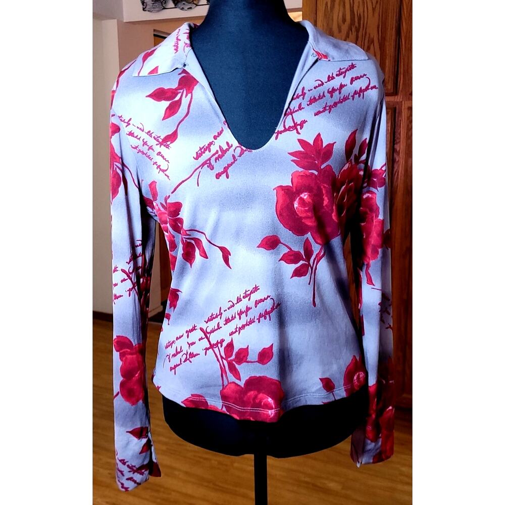 INC International Concepts Shirt L Gray Red floral V Neck Collar Fairy Cottage
